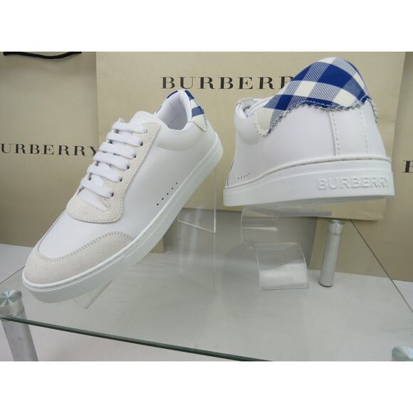 NIB BURBERRY ROBIN WHITE BLUE CHECK LEATHER LOW LOGO SNEAKERS US 11.5 44.5 IT - Picture 7 of 13